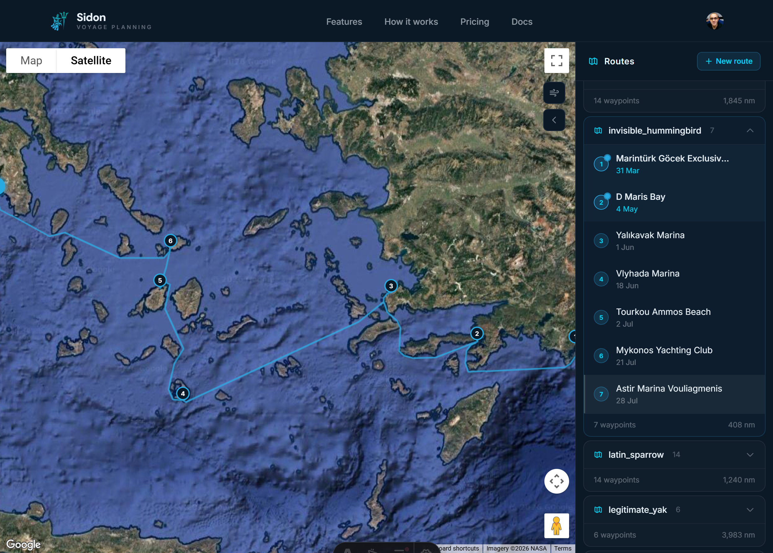 Sidon app — voyage planning on desktop